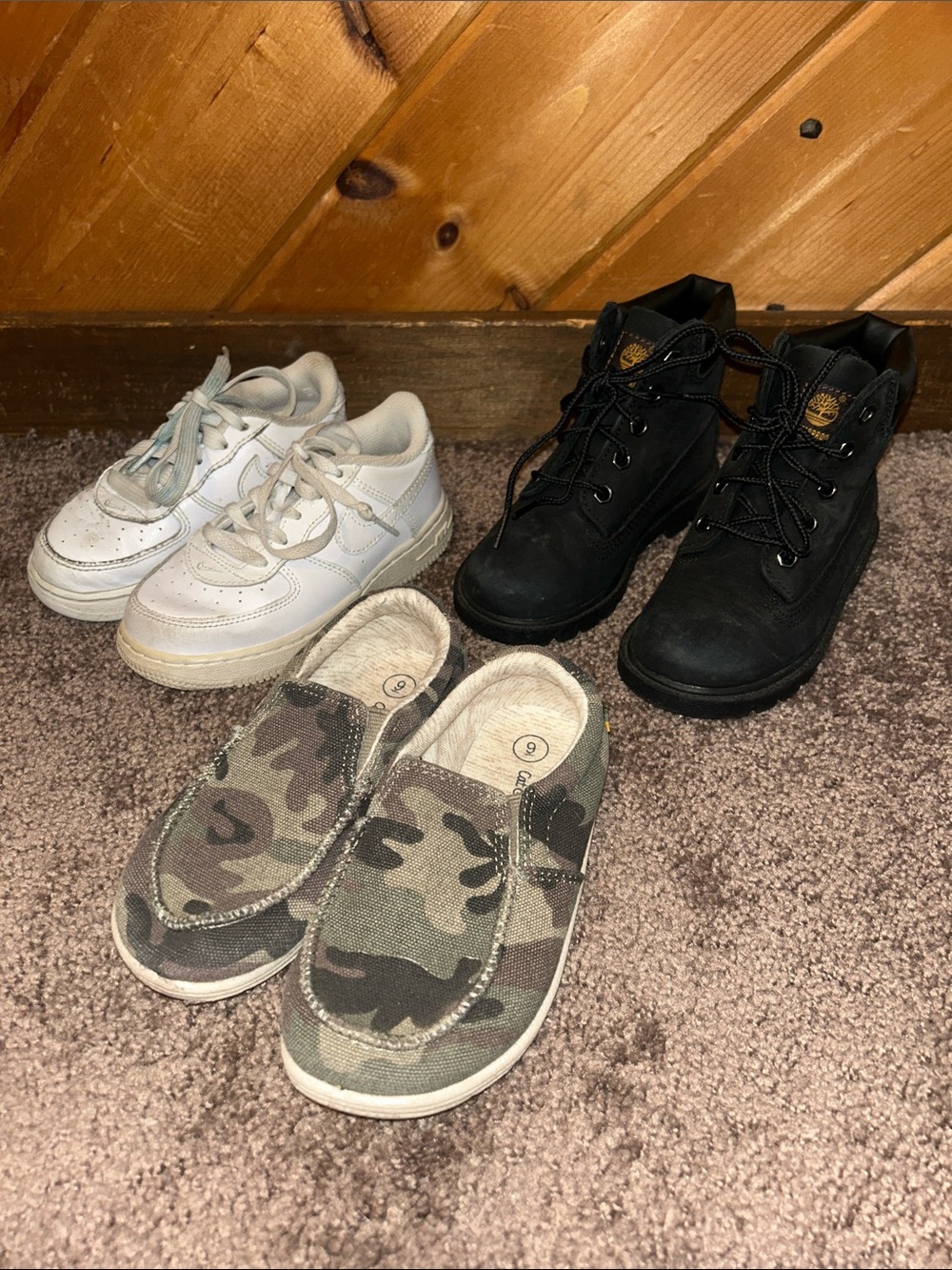 Toddler boys size 9 Nike sneakers, camo slip ons & Timberland boots bundle